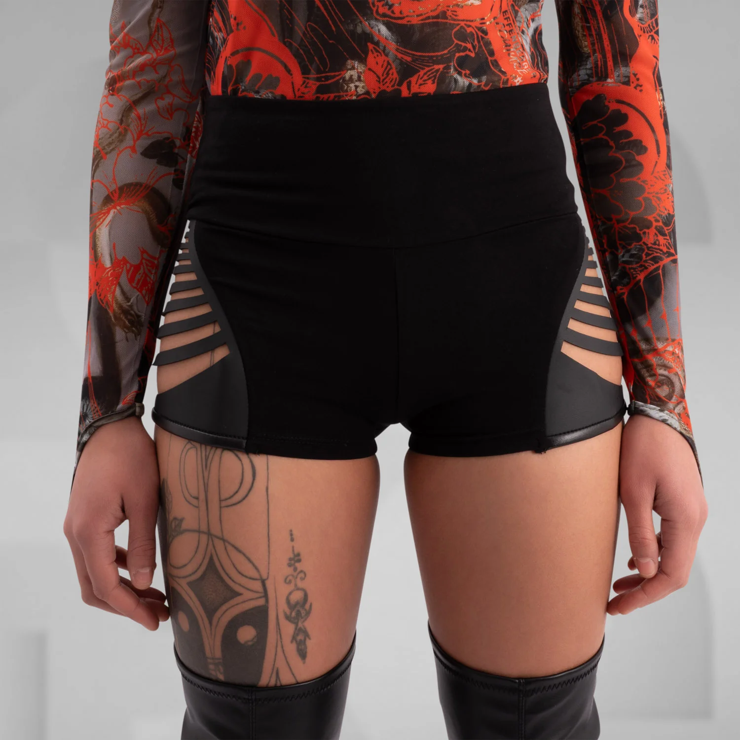 Cotton Hotpants with Laser Cut Faux Leather
