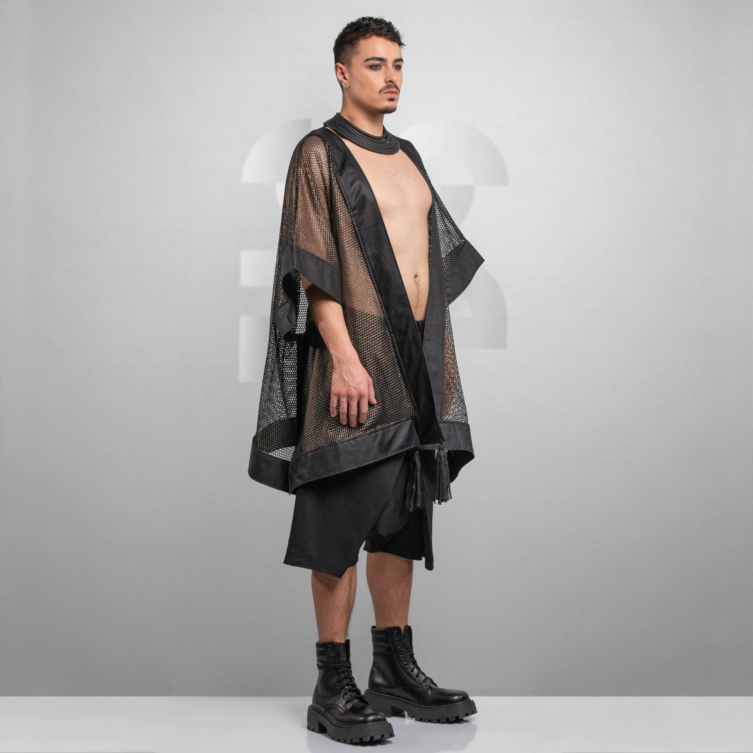 Faux Leather Mesh Statement Kimono Gold