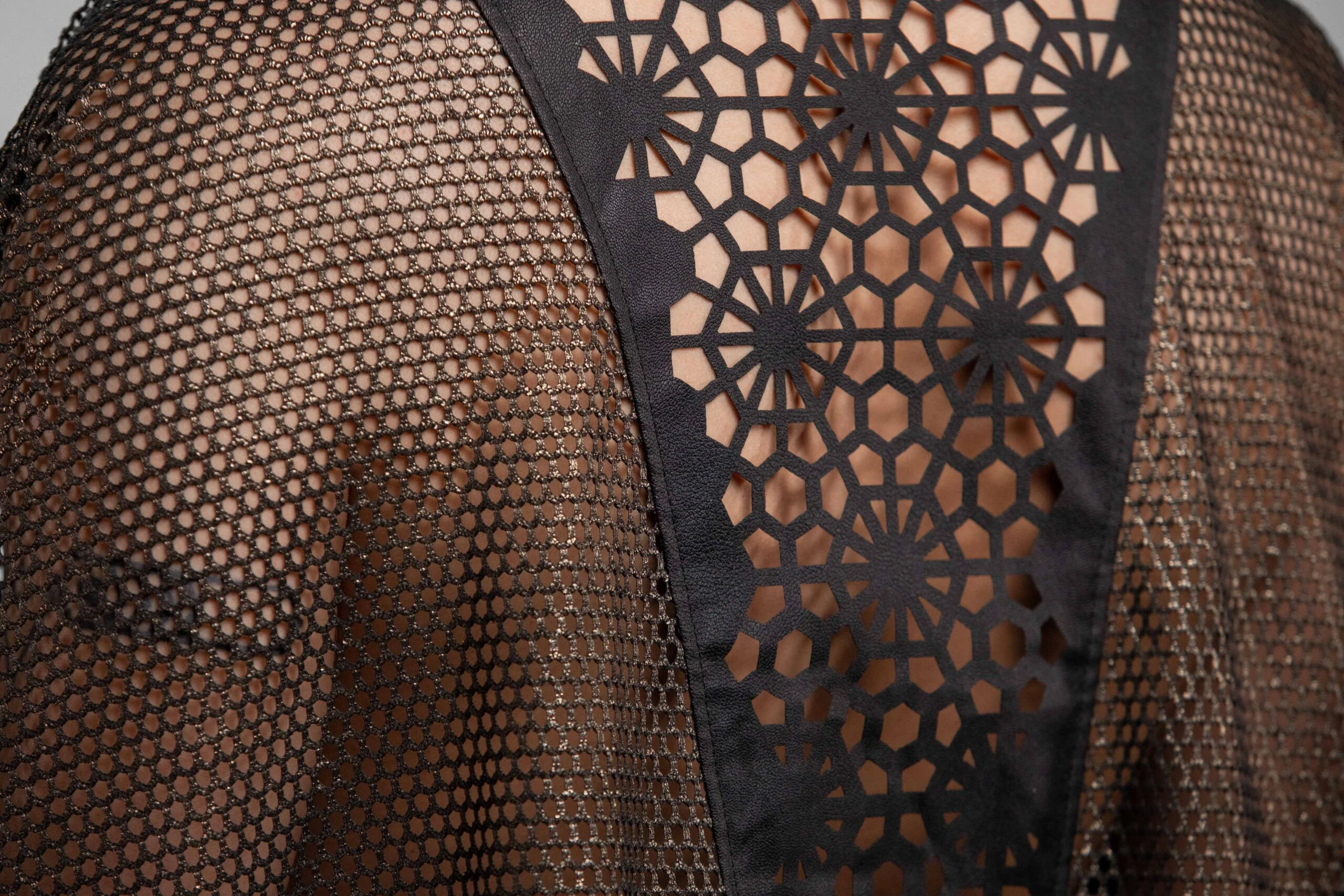 Faux Leather Mesh Statement Kimono Gold - Image 2