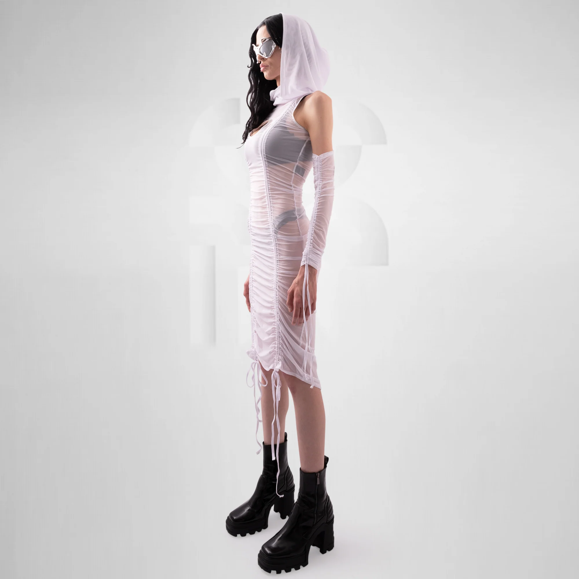 Hooded Ruched Dress with Sleeves - Image 4